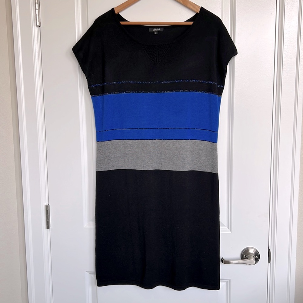 Legend Cap Sleeve Knit Dress sz Medium Women’s Blue Black Grey Colorblock Office